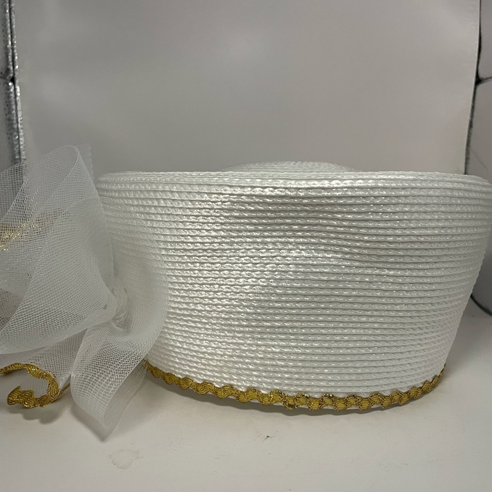 Hat Women's White Pillbox gold trim Large Mesh Bow church hat